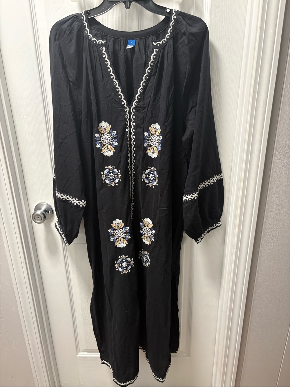 Old Navy Black Embroidered Maxi Dress with White & Blue Accents